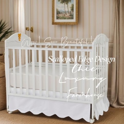 Product: Brandream 4-Piece Crib Bed Skirt & Crib Bedding Set 100% Cotton French Country Toile Scallop Edge Solid Color Cream Off White Farmhouse Chic Boho Bohemian Skirt