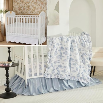 Product: Brandream 4-Piece Crib Bed Skirt & Crib Bedding Set 100% Cotton French Country Toile Scallop Edge Solid Color Cream Off White Farmhouse Chic Boho Bohemian Skirt
