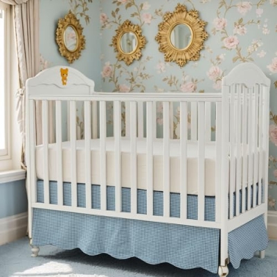 Product: Brandream 4-Piece Crib Bed Skirt & Crib Bedding Set 100% Cotton French Country Toile Vintage Blue Gingham Farmhouse Chic Boho Bohemian Skirt