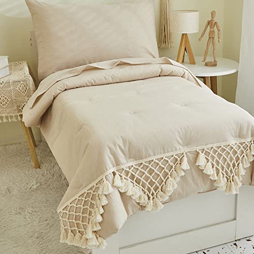 Boho Beige Cotton Crib Bedding Set, Toddler Bedding, Tassel Comforter, 4 Piece Nursery Set, 3 Piece Crib Set, 100% Cotton, Beige 4 Product: Brandream 4Pcs Toddler Bedding + 3Pcs Crib Bedding Gender Neutral Boho Bohemian Girl Boy Solid Beige Farmhouse Chic Unisex Minimalist Tassel Fringe Macrame Cozy 100% Washed Cotton Comforter Set