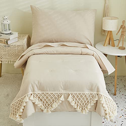 Boho Beige Cotton Crib Bedding Set, Toddler Bedding, Tassel Comforter, 4 Piece Nursery Set, 3 Piece Crib Set, 100% Cotton, Beige 1 Product: Brandream 4Pcs Toddler Bedding + 3Pcs Crib Bedding Gender Neutral Boho Bohemian Girl Boy Solid Beige Farmhouse Chic Unisex Minimalist Tassel Fringe Macrame Cozy 100% Washed Cotton Comforter Set