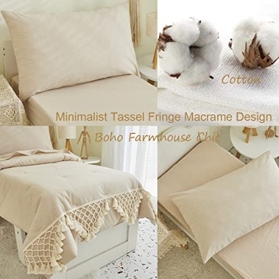 Boho Beige Cotton Crib Bedding Set, Toddler Bedding, Tassel Comforter, 4 Piece Nursery Set, 3 Piece Crib Set, 100% Cotton, Beige 12 Product: Brandream 4Pcs Toddler Bedding + 3Pcs Crib Bedding Gender Neutral Boho Bohemian Girl Boy Solid Beige Farmhouse Chic Unisex Minimalist Tassel Fringe Macrame Cozy 100% Washed Cotton Comforter Set