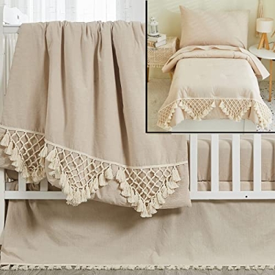 Product: Brandream 4Pcs Toddler Bedding + 3Pcs Crib Bedding Gender Neutral Boho Bohemian Girl Boy Solid Beige Farmhouse Chic Unisex Minimalist Tassel Fringe Macrame Cozy 100% Washed Cotton Comforter Set