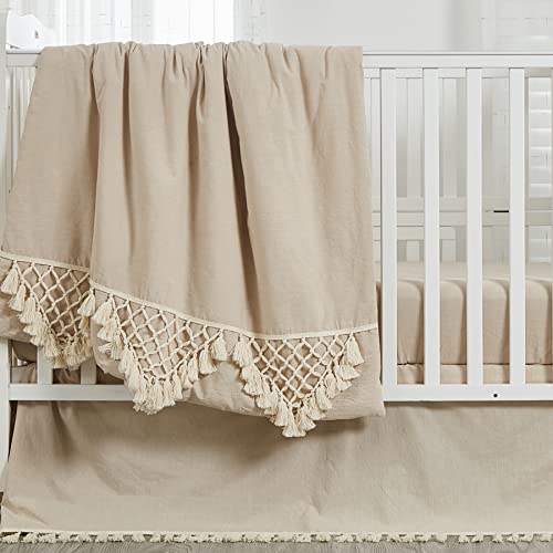 Boho Beige Cotton Crib Bedding Set, Toddler Bedding, Tassel Comforter, 4 Piece Nursery Set, 3 Piece Crib Set, 100% Cotton, Beige 6 Product: Brandream 4Pcs Toddler Bedding + 3Pcs Crib Bedding Gender Neutral Boho Bohemian Girl Boy Solid Beige Farmhouse Chic Unisex Minimalist Tassel Fringe Macrame Cozy 100% Washed Cotton Comforter Set