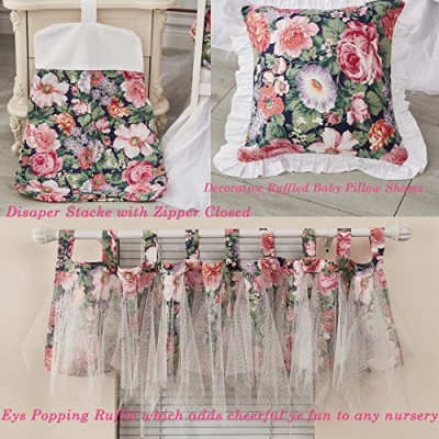 Girls Crib Bedding Set, Blossom Flower Floral Print, Ruffle, 100% Cotton, 6 Piece Nursery Decor, 14x14in System, 45x36in 13 Product: Brandream 6-Piece Girls Crib Bedding Set Blossom Flower Floral Print Ruffle Baby Nursery Bedding Set,100% Cotton