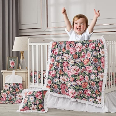 Girls Crib Bedding Set, Blossom Flower Floral Print, Ruffle, 100% Cotton, 6 Piece Nursery Decor, 14x14in System, 45x36in 7 Product: Brandream 6-Piece Girls Crib Bedding Set Blossom Flower Floral Print Ruffle Baby Nursery Bedding Set,100% Cotton