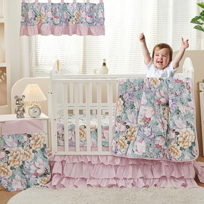 Product: Brandream 6PCs Baby Girls Crib Bedding Set 100% Cotton 2 Packs Crib Set Luxury Floral 2 Packs Crib Set