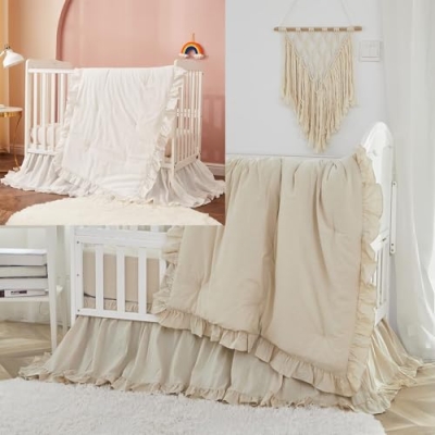 Product: Brandream 6PCs Baby Nursery Crib Bedding Set Super Cozy 100% Washed Cotton 2 Packs Crib Set Beige & White