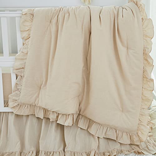 Product: Brandream 6PCs Baby Nursery Crib Bedding Set Super Cozy 100% Washed Cotton 2 Packs Crib Set Beige Ruffles & Tassles