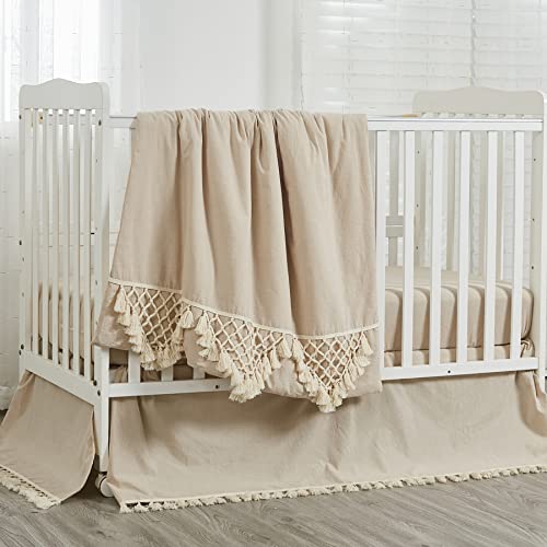Product: Brandream 6PCs Baby Nursery Crib Bedding Set Super Cozy 100% Washed Cotton 2 Packs Crib Set Beige Ruffles & Tassles