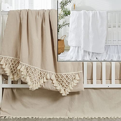 Product: Brandream 6PCS Gender Neutral Boho Bohemian Baby Nursery Crib Bedding Set Bundle White Embroidery Elephant Crib Bedding Set, 100% Cotton