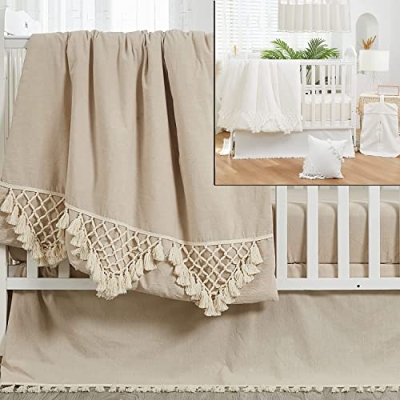 Product: Brandream 9PCS Gender Neutral Boho Bohemian Baby Girl Boy Nursery Crib Bedding Set Solid Beige and White Farmhouse Chic Unisex Minimalist Tassel Fringe Macrame Cozy 100% Washed Cotton