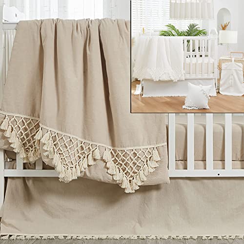 Brandream 9PCS Gender Neutral Boho Bohemian Baby Girl Boy Nursery Crib Bedding Set Solid Beige and White Farmhouse Chic Unisex Minimalist Tassel Fringe Macrame Cozy 100% Washed Cotton - Crib Bedding Sets Product: Brandream 9PCS Gender Neutral Boho Bohemian Baby Girl Boy Nursery Crib Bedding Set Solid Beige and White Farmhouse Chic Unisex Minimalist Tassel Fringe Macrame Cozy 100% Washed Cotton
