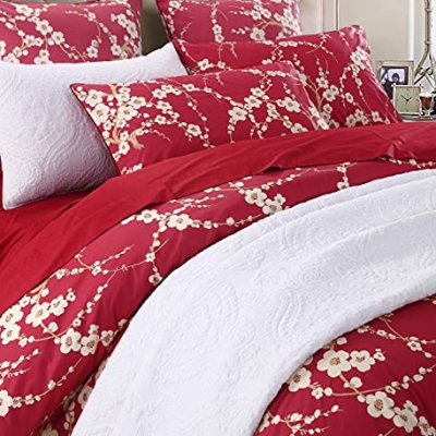 Japanese Oriental Cherry Blossom Crib Bedding Set, Queen Duvet Cover Set, Red Blossom Chinoiserie, 3PC, 800 TC, 20.5cm 16 Product: Brandream Baby Crib Bedding Set 3PC + Queen Duvet Cover Set Japanese Oriental Style Cherry Floral Red Blossom Flower Branches Print Chinoiserie Bedding Pillowcases Set