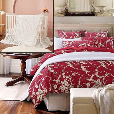 Product: Brandream Baby Crib Bedding Set 3PC + Queen Duvet Cover Set Japanese Oriental Style Cherry Floral Red Blossom Flower Branches Print Chinoiserie Bedding Pillowcases Set