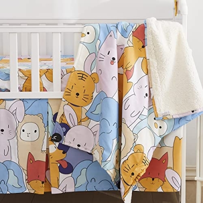 Product: Brandream Baby Crib Bedding Zoo Animal Nursery Decor Neutral Blanket Set with Elephant Fox Lions Rabbit Print, 3 Piece