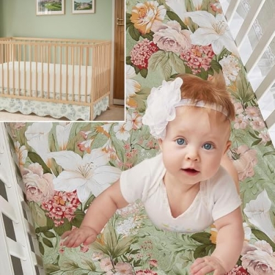 Product: Brandream Crib Sheet & Crib Bed Skirt 100% Cotton Lilium Rose Floral Scallop Edge Toile Farmhouse Chic Boho Crib Bedding Set