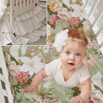 Product: Brandream Crib Sheet & Crib Bed Skirt 100% Cotton Lilium Rose Floral Solid White Dust Ruffle Crib Skirt Baby Nursery Bedding Set