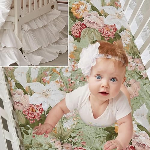 Brandream Crib Sheet & Crib Bed Skirt 100% Cotton Lilium Rose Floral Solid White Dust Ruffle Crib Skirt Baby Nursery Bedding Set - Crib Bedding Sets Product: Brandream Crib Sheet & Crib Bed Skirt 100% Cotton Lilium Rose Floral Solid White Dust Ruffle Crib Skirt Baby Nursery Bedding Set