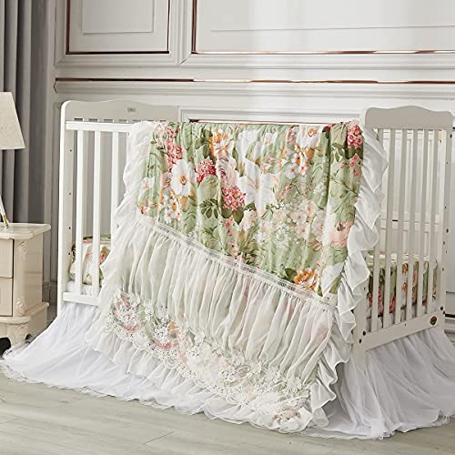 Cotton Crib Sheet, White Lace Tulle Crib Bed Skirt, Lilium Rose Floral Nursery Bedding Set, 52x28in 3 Product: Brandream Crib Sheet & Crib Bed Skirt 100% Cotton Lilium Rose Floral White Lace Tulle Dust Ruffle Baby Nursery Bedding Set