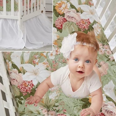 Product: Brandream Crib Sheet & Crib Bed Skirt 100% Cotton Lilium Rose Floral White Lace Tulle Dust Ruffle Baby Nursery Bedding Set