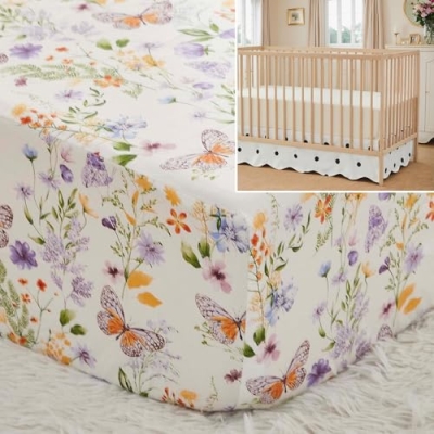 Product: Brandream Crib Sheet & Crib Bed Skirt 100% Cotton Scallop Edge Black Polka Dots Baby Nursery Bedding Set