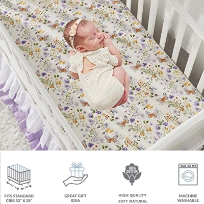 Brandream Wildflower Butterfly Cotton Crib Sheet Crib Bed Skirt Set, Nursery Bedding, 52x28in 15 Product: Brandream Crib Sheet & Crib Bed Skirt 100% Cotton Wildflower Butterfly Printed Baby Nursery Bedding Set