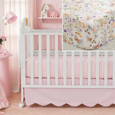 Product: Brandream Crib Sheet & Crib Bed Skirt 100% Cotton Wildflower Butterfly Printed Baby Nursery Bedding Set