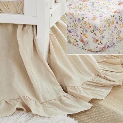 Product: Brandream Crib Sheet & Crib Bed Skirt 100% Cotton Wildflower Butterfly Printed Baby Nursery Bedding Set