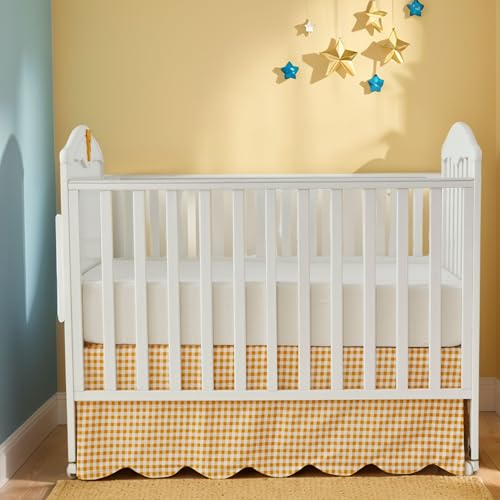 Cotton Crib Sheet Bed Skirt, Yellow Plaid Scallop Edge Nursery Bedding Set, 52x28x16in 6 Product: Brandream Crib Sheet & Crib Bed Skirt 100% Cotton Yellow Scallop Edge Plaid Breathable Soft Baby Nursery Bedding Set