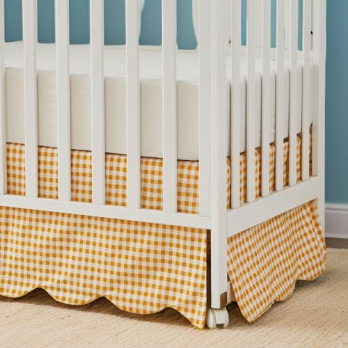 Cotton Crib Sheet Bed Skirt, Yellow Plaid Scallop Edge Nursery Bedding Set, 52x28x16in 5 Product: Brandream Crib Sheet & Crib Bed Skirt 100% Cotton Yellow Scallop Edge Plaid Breathable Soft Baby Nursery Bedding Set