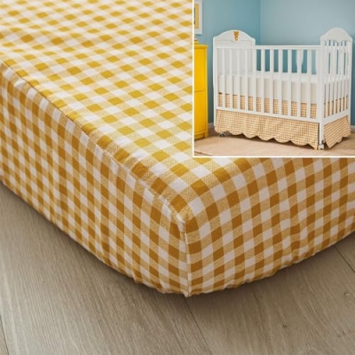 Product: Brandream Crib Sheet & Crib Bed Skirt 100% Cotton Yellow Scallop Edge Plaid Breathable Soft Baby Nursery Bedding Set
