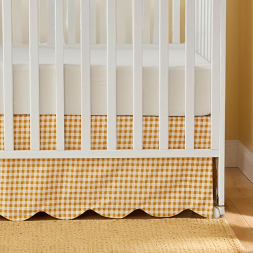 Cotton Crib Sheet Bed Skirt, Yellow Plaid Scallop Edge Nursery Bedding Set, 52x28x16in 7 Product: Brandream Crib Sheet & Crib Bed Skirt 100% Cotton Yellow Scallop Edge Plaid Breathable Soft Baby Nursery Bedding Set