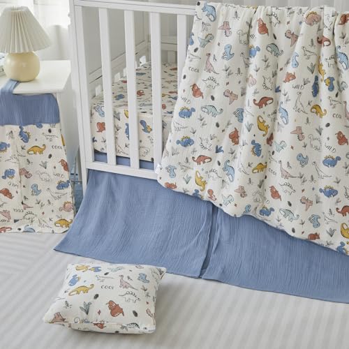 Brandream Dinosaur Crib Bedding Set, 100% Cotton Double Gauze, Blue Cream Multicolor, 6 Piece Nursery Ensemble, 20.5cm 4 Product: Brandream Dinosaurs 6 Piece Crib Bedding Set, 100% Cotton Double Gauze Ultra Soft Cozy Baby Nursery Quilt Crib Sheet Crib Skirt Valance Nursery Collection - Blue Cream Multicolor