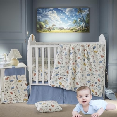 Product: Brandream Dinosaurs 6 Piece Crib Bedding Set, 100% Cotton Double Gauze Ultra Soft Cozy Baby Nursery Quilt Crib Sheet Crib Skirt Valance Nursery Collection - Blue Cream Multicolor