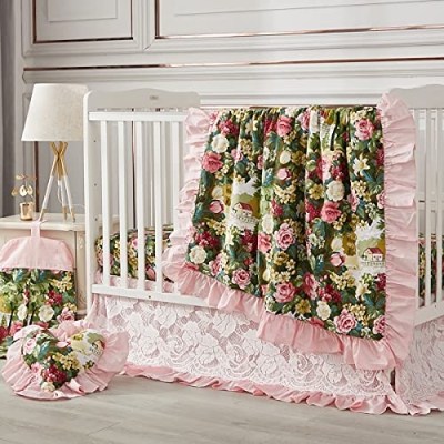 Product: Brandream Floral Crib Bedding Set for Girls | 6 Piece Shabby Vintage Chic Baby Nursery Set Organic Cotton with Painted Garden Rose Flowers, Sweet Pink Green