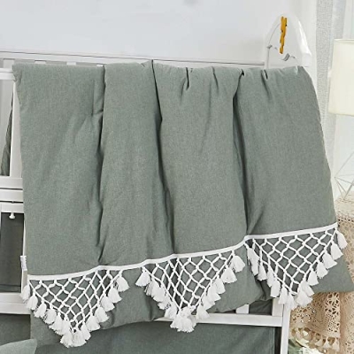 Boho Crib Bedding Set, Sage Green Gender Neutral Nursery, 6 Piece Washed Cotton, 100% Cotton, 52x28in 13 Product: Brandream Gender Neutral Boho Bohemian Baby Girl Boy Nursery Crib Bedding Set - 6pc - Solid Color Sage Green Farmhouse Chic Unisex Minimalist Tassel Fringe Macrame 100% Washed Cotton