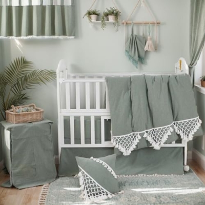 Product: Brandream Gender Neutral Boho Bohemian Baby Girl Boy Nursery Crib Bedding Set - 6pc - Solid Color Sage Green Farmhouse Chic Unisex Minimalist Tassel Fringe Macrame 100% Washed Cotton