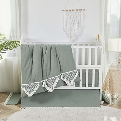 Boho Crib Bedding Set, Sage Green Gender Neutral Nursery, 6 Piece Washed Cotton, 100% Cotton, 52x28in 12 Product: Brandream Gender Neutral Boho Bohemian Baby Girl Boy Nursery Crib Bedding Set - 6pc - Solid Color Sage Green Farmhouse Chic Unisex Minimalist Tassel Fringe Macrame 100% Washed Cotton