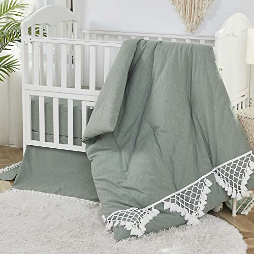 Boho Crib Bedding Set, Sage Green Gender Neutral Nursery, 6 Piece Washed Cotton, 100% Cotton, 52x28in 2 Product: Brandream Gender Neutral Boho Bohemian Baby Girl Boy Nursery Crib Bedding Set - 6pc - Solid Color Sage Green Farmhouse Chic Unisex Minimalist Tassel Fringe Macrame 100% Washed Cotton