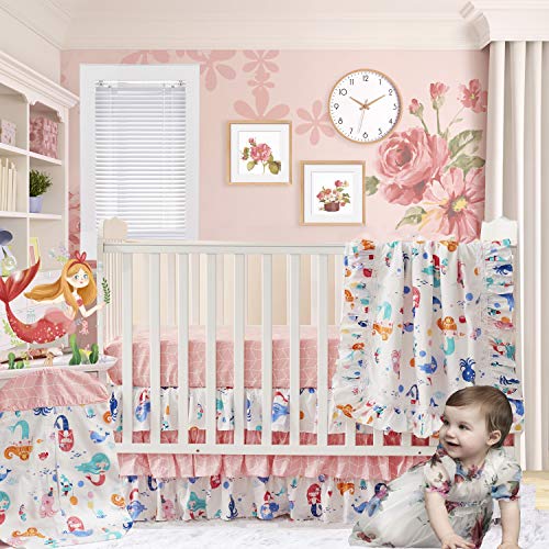 Product: Brandream Mermaid Nursery Bedding Set for Girls Princess Pink Baby Crib Bedding 4 Piece Underwater Fish Blanket Set with Diaper Stacker, 100% Cotton