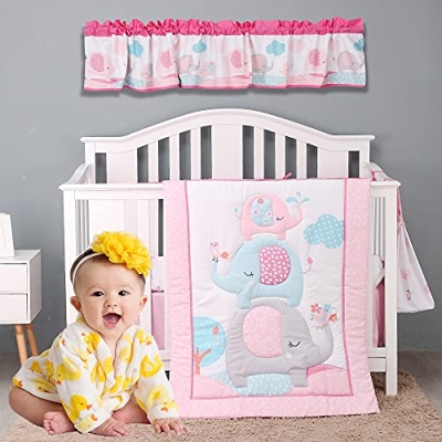 Brandream Pink Gray Elephant Crib Bedding Set, Baby Girl Nursery Bedding, 6 Pieces, 20.5cm 8 Product: Brandream Pink Gray Elephant Crib Bedding Sets for Baby Girls | Nursery Set with Exotic Floral Design, 6 Pieces