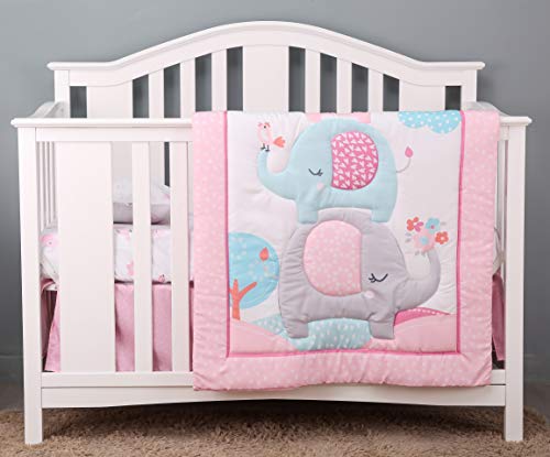 Brandream Pink Gray Elephant Crib Bedding Sets for Baby Girls | Nursery Set with Exotic Floral Design, 6 Pieces - Crib Bedding Sets Product: Brandream Pink Gray Elephant Crib Bedding Sets for Baby Girls | Nursery Set with Exotic Floral Design, 6 Pieces
