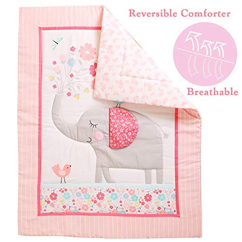 Product: Brandream Pink Jungle Animals Baby Crib Bedding Set for Girls Elephant Nursery Bedding Set 3 Piece | Quilt, Fitted Sheet, Crib Skirt Included with Garden Birds Floral Design