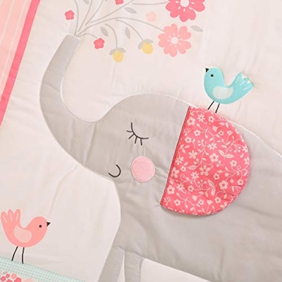 Product: Brandream Pink Jungle Animals Baby Crib Bedding Set for Girls Elephant Nursery Bedding Set 3 Piece | Quilt, Fitted Sheet, Crib Skirt Included with Garden Birds Floral Design