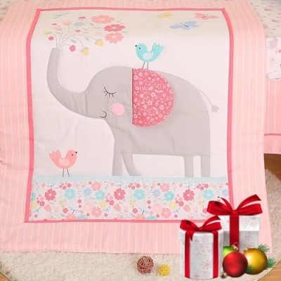 Product: Brandream Pink Jungle Animals Baby Crib Bedding Set for Girls Elephant Nursery Bedding Set 3 Piece | Quilt, Fitted Sheet, Crib Skirt Included with Garden Birds Floral Design