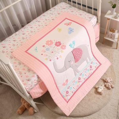 Product: Brandream Pink Jungle Animals Baby Crib Bedding Set for Girls Elephant Nursery Bedding Set 3 Piece | Quilt, Fitted Sheet, Crib Skirt Included with Garden Birds Floral Design