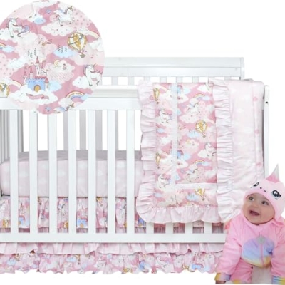 Pink Unicorn Crib Bedding Set for Girls, 3 Piece Cotton Nursery Bedding, Plush Blanket, Fitted Sheet, Ruffle Skirt, 3pc 9 Product: Brandream Pink Unicorn Crib Bedding Sets for Girls Rainbow Baby Nursery Bedding Lovely Princess Cotton Blanket Set, 3 Piece