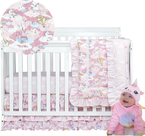 Pink Unicorn Crib Bedding Set for Girls, 3 Piece Cotton Nursery Bedding, Plush Blanket, Fitted Sheet, Ruffle Skirt, 3pc 2 Product: Brandream Pink Unicorn Crib Bedding Sets for Girls Rainbow Baby Nursery Bedding Lovely Princess Cotton Blanket Set, 3 Piece