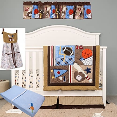 Product: Brown Sports Nursery Crib Bedding Set for Boys Baseball Basketball Ruby Baby Boy Cot Bedding Set